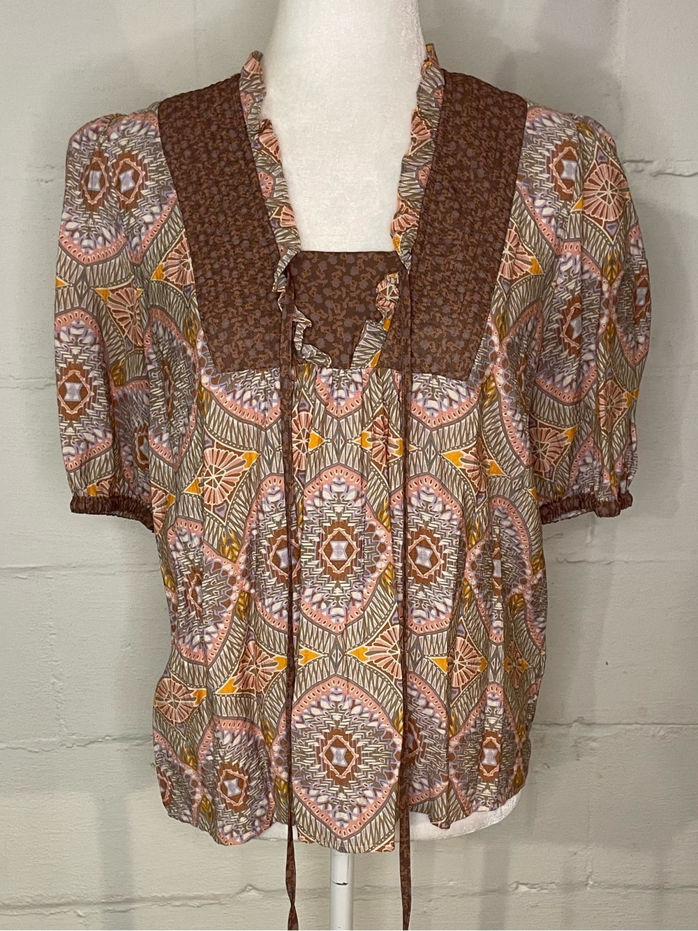 Current Air Geometric Printed Peasant Blouse in Brown, Cream, and Orange